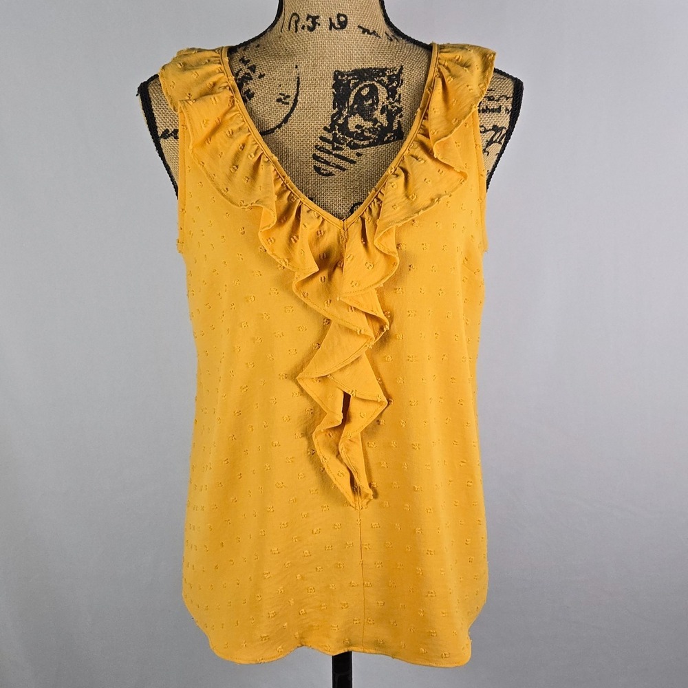 LC Lauren Conrad Womens Tank Top XS Mustard Yellow Ruffle Swiss Dot Amber Rose